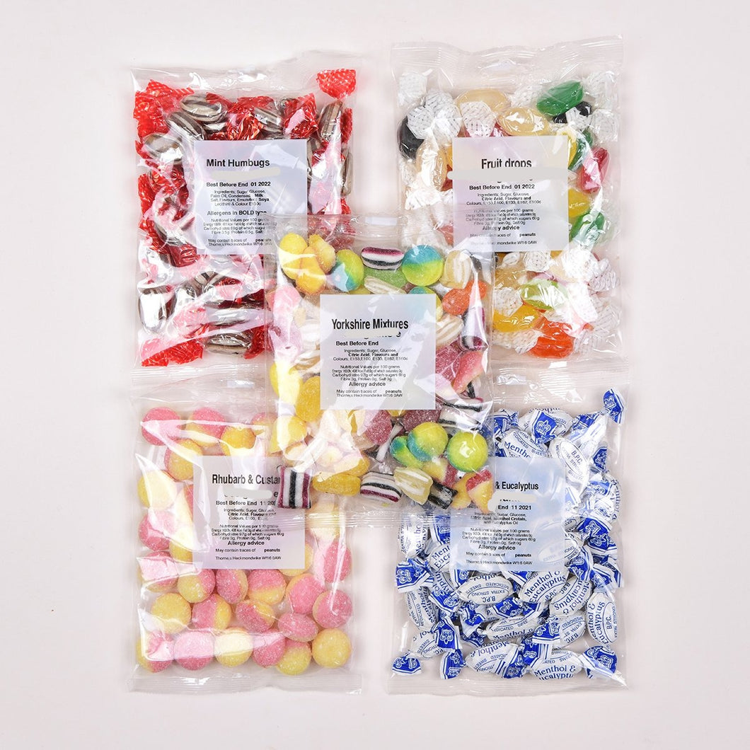Mixed Pack of 5 Bags, Boiled Sweets, Humbugs, Thornes, Toffee Smiths, Vegetarian, 